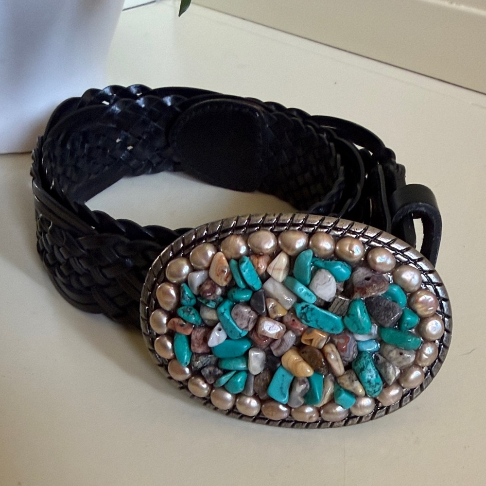 Black Braided Belt with Turquoise and Pearl-colored Stone Buckle